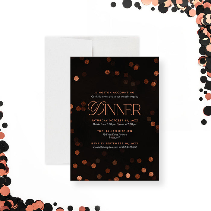 corporate dinner invitation with black background, warm confetti accents, elegant lettering, and annual company event details-front