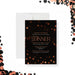 corporate dinner invitation with black background, warm confetti accents, elegant lettering, and annual company event details-front