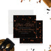 corporate dinner save the date card for an annual company event with a black background and warm confetti-style accents-front-back