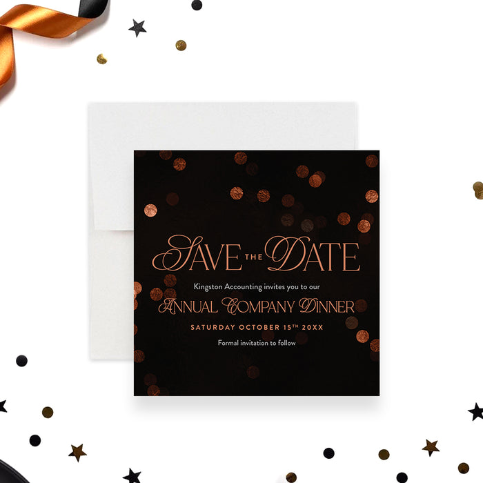corporate dinner save the date card for an annual company event with a black background and warm confetti-style accents-front