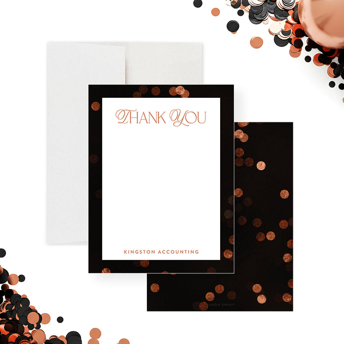 corporate thank you card with elegant lettering, custom company name, black border, warm confetti accents, and blank message space-front-back