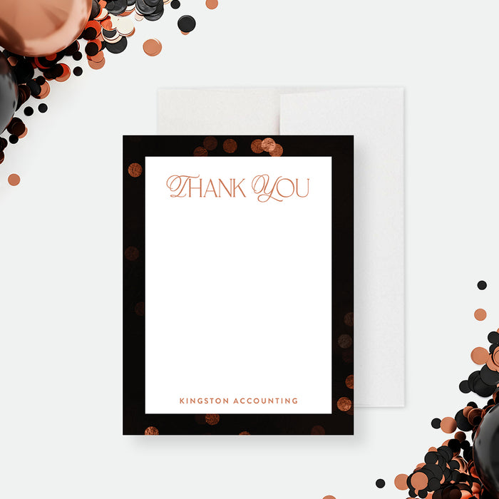 corporate thank you card with elegant lettering, custom company name, black border, warm confetti accents, and blank message space-front