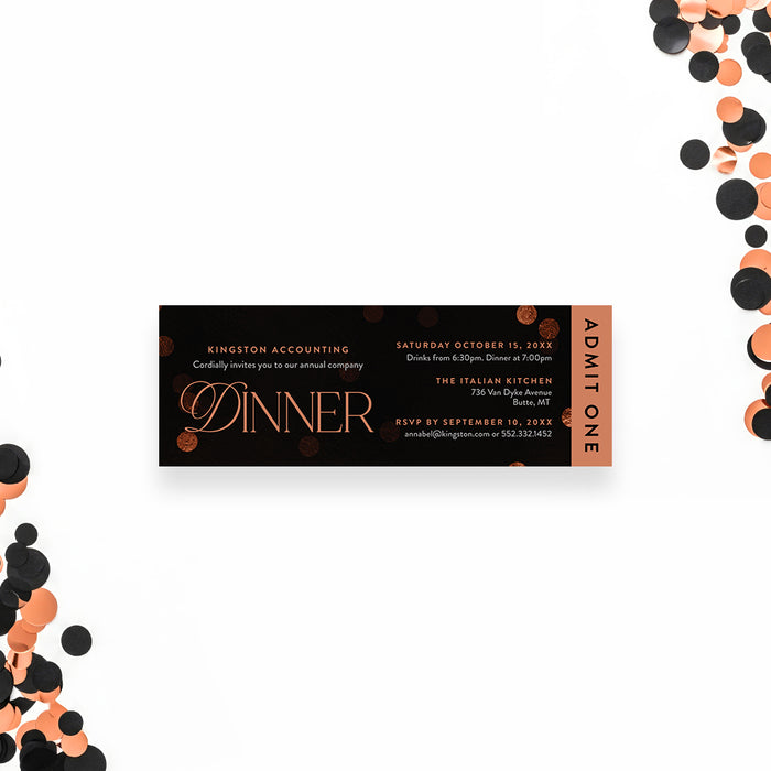 corporate annual dinner ticket invitation with elegant typography, black background, warm confetti accents, and admit one ticket layout