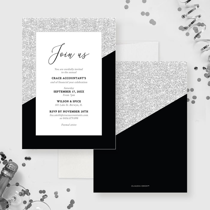 Elegant corporate end of year party invitation template with silver glitter and black design