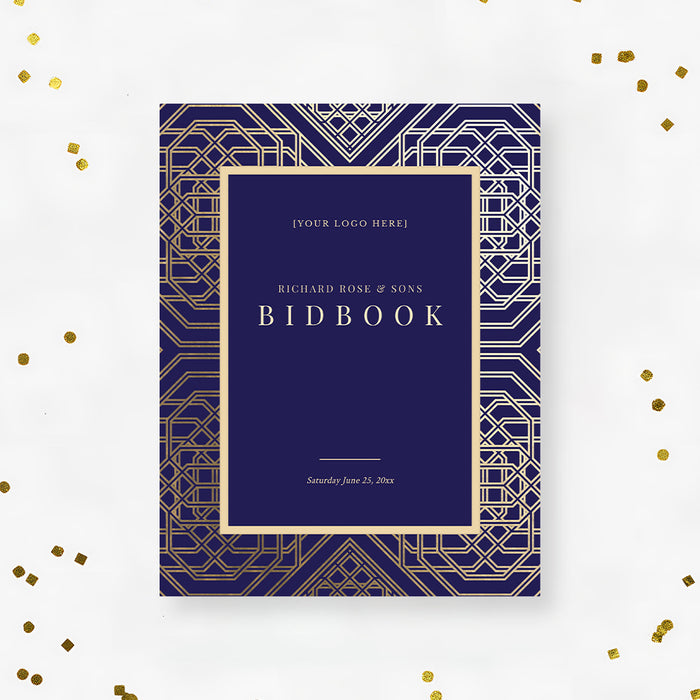 Corporate gala bid book digital template featuring gold geometric design on navy background