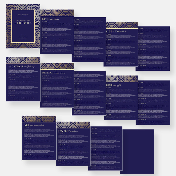 Corporate gala bid book digital templates featuring gold geometric design on navy background