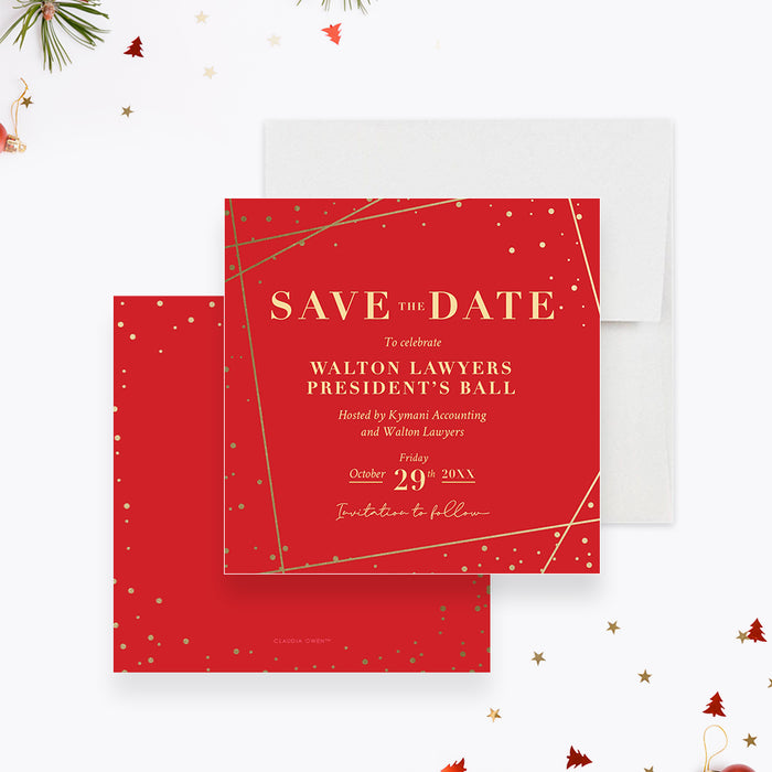 Corporate Gala Dinner Save the Date Card with Gold Confetti, Red Save the Date Invitations for Business Annual Gala Celebration