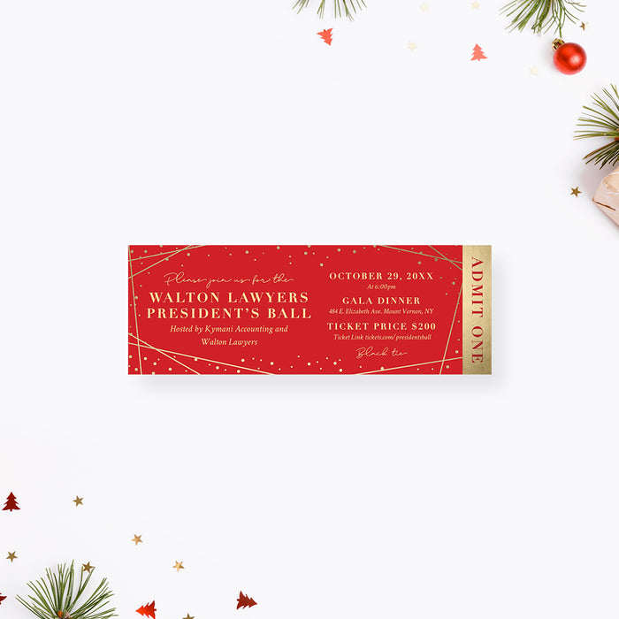 Corporate Gala Dinner Ticket Invitation with Gold Confetti, Red Ticket Invites for Annual Charity Ball Event