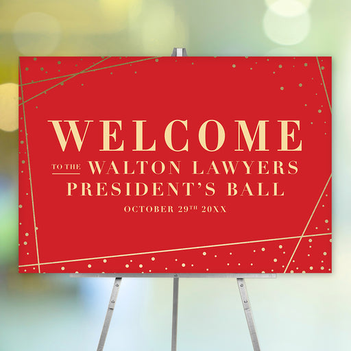 Custom red and gold welcome sign with bold gold lettering and confetti design, perfect for corporate events, galas, weddings, and milestone celebrations.
