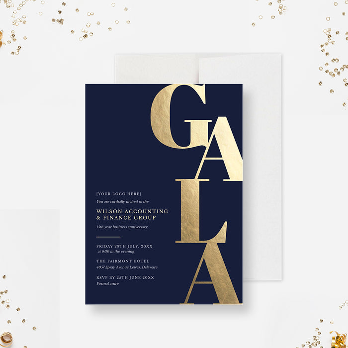 Elegant corporate gala invitation digital template with navy background and gold typography for formal business events