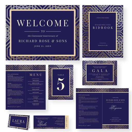 Corporate gala digital invitation set featuring gold geometric design on navy background