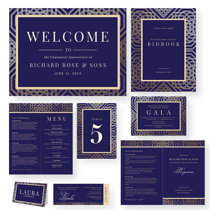 Corporate gala digital invitation set featuring gold geometric design on navy background