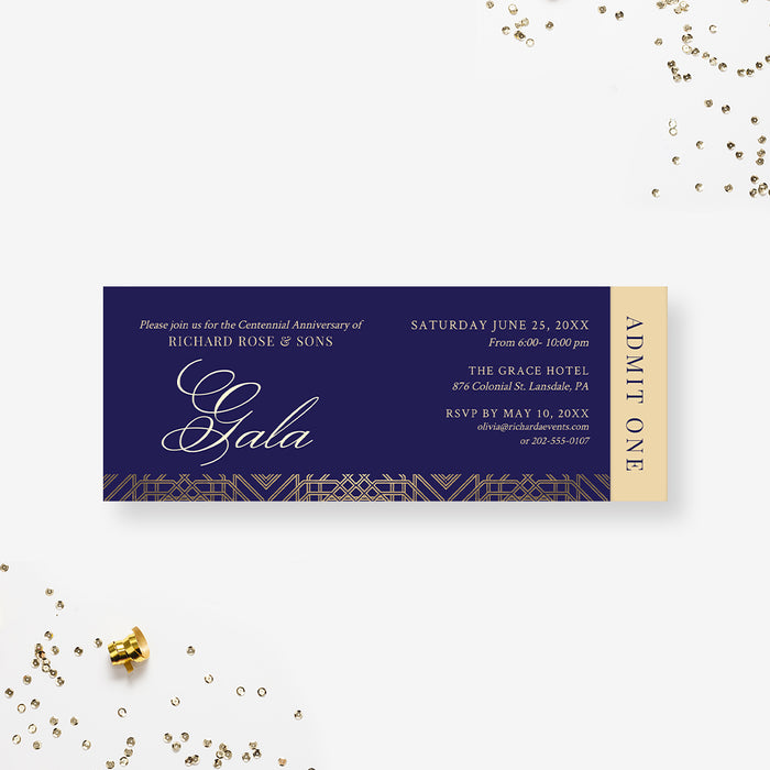 Corporate gala ticket card with elegant gold navy geometric design