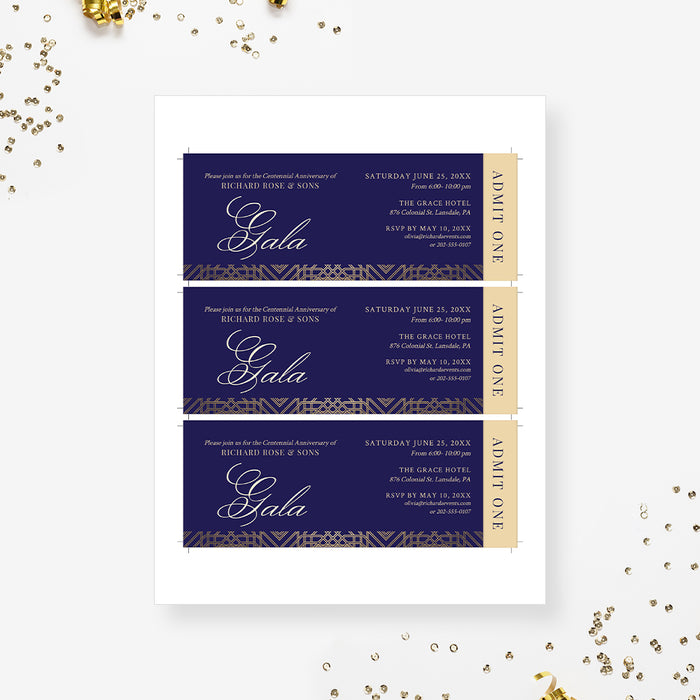 Corporate gala ticket card sheet with elegant gold navy geometric design