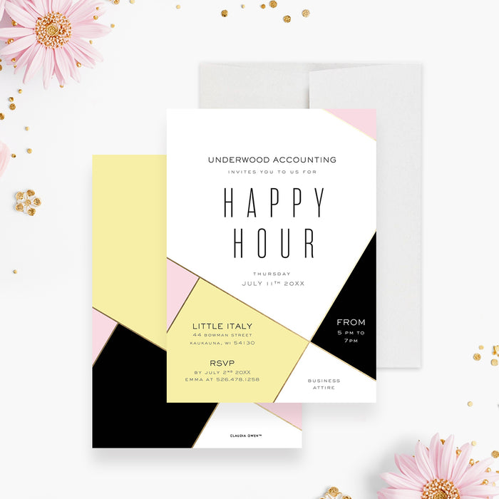 modern corporate happy hour invitation with pink yellow black and gold geometric color block design for a business cocktail party-front-back