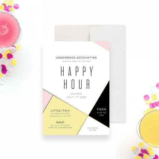 modern corporate happy hour invitation with pink yellow black and gold geometric color block design for a business cocktail party-front