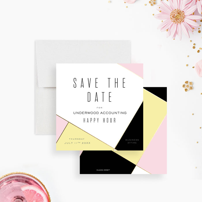 modern corporate happy hour save the date card with pink yellow black and gold geometric color block design-front-back