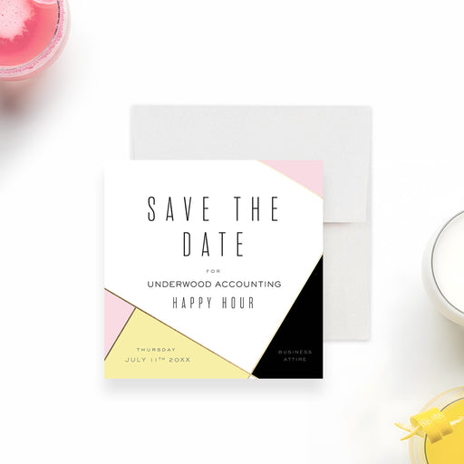 modern corporate happy hour save the date card with pink yellow black and gold geometric color block design-front