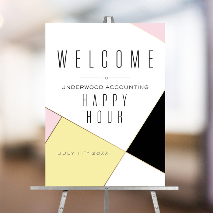 modern corporate happy hour welcome sign with geometric pink yellow black and white design for a business event