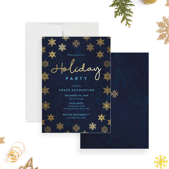 Corporate Holiday Invitation Card in Navy Blue with Beautiful Snowflakes, Elegant Christmas Team Dinner Invitations