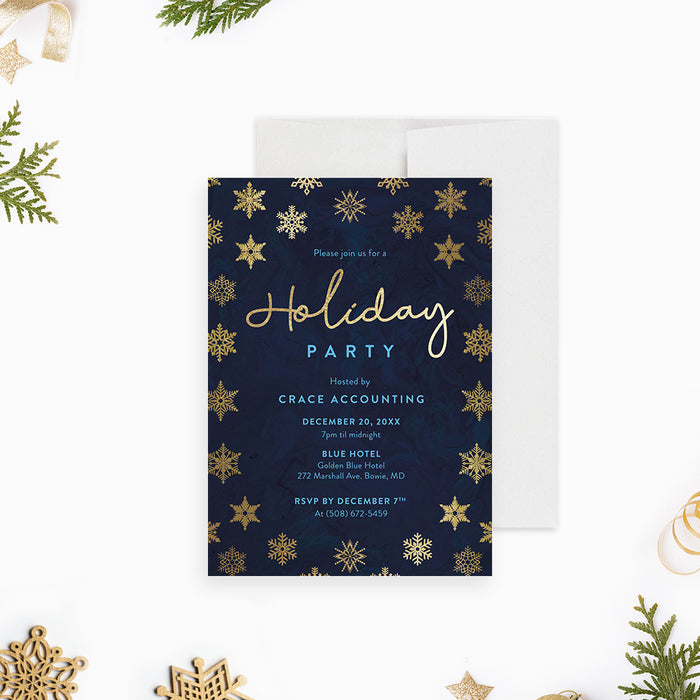 Corporate Holiday Invitation Card in Navy Blue with Beautiful Snowflakes, Elegant Christmas Team Dinner Invitations