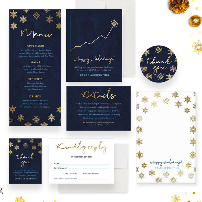 Corporate Holiday Invitation Card in Navy Blue with Beautiful Snowflakes, Elegant Christmas Team Dinner Invitations