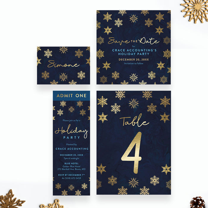 Corporate Holiday Invitation Card in Navy Blue with Beautiful Snowflakes, Elegant Christmas Team Dinner Invitations