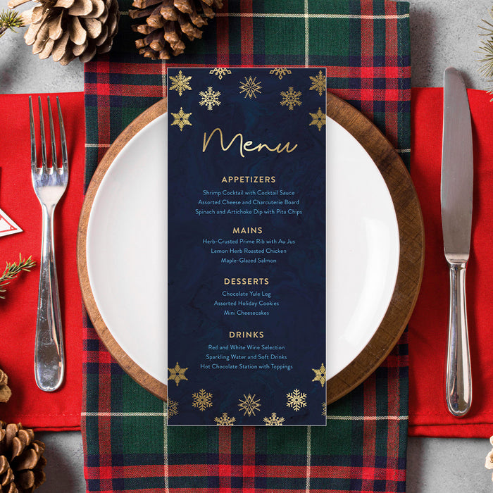 Corporate Holiday Invitation Card in Navy Blue with Beautiful Snowflakes, Elegant Christmas Team Dinner Invitations