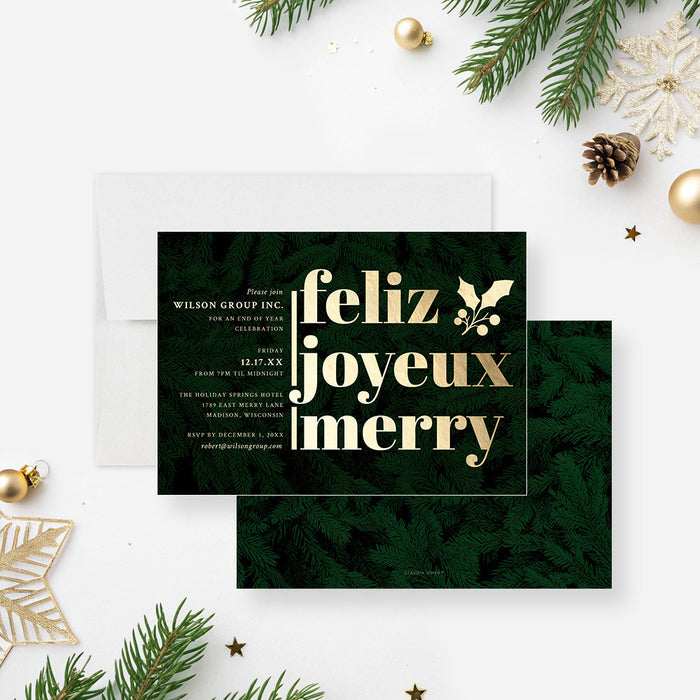Elegant holiday party invitation featuring gold "Feliz, Joyeux, Merry" lettering, evergreen foliage background, holly accents, and personalized event details-front-back