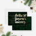 Elegant holiday party invitation featuring gold "Feliz, Joyeux, Merry" lettering, evergreen foliage background, holly accents, and personalized event details-front-back