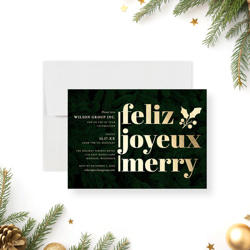 Elegant holiday party invitation featuring gold "Feliz, Joyeux, Merry" lettering, evergreen foliage background, holly accents, and personalized event details-front