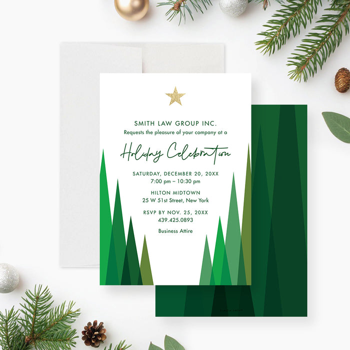 Personalized holiday invitation featuring modern green Christmas trees, a gold star, and customizable company event details-front-back