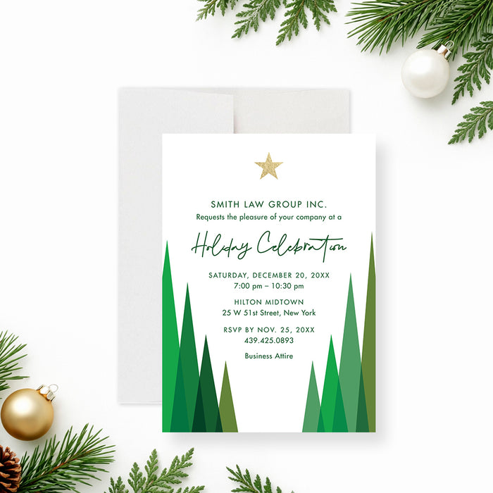 Personalized holiday invitation featuring modern green Christmas trees, a gold star, and customizable company event details-front