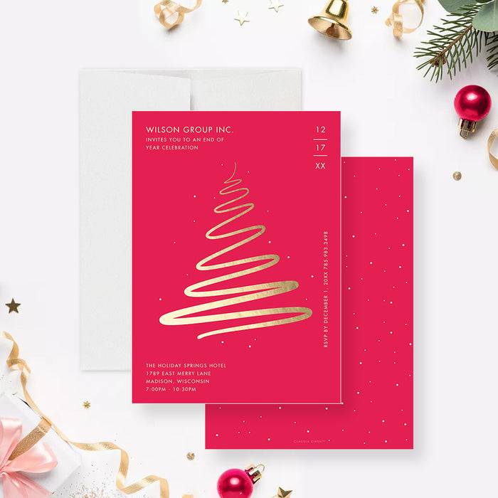 corporate holiday party invitation with a red background, gold Christmas tree design, and personalized company event details-front-back