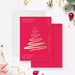 corporate holiday party invitation with a red background, gold Christmas tree design, and personalized company event details-front-back