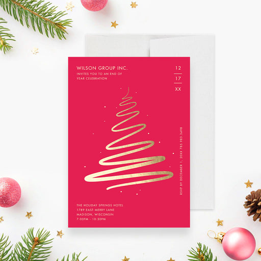 corporate holiday party invitation with a red background, gold Christmas tree design, and personalized company event details-front