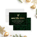 Personalized holiday save the date card with evergreen pine background, holly accents, gold-colored lettering, and custom corporate Christmas party details-front-back