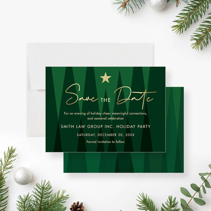 corporate holiday party save the date card with modern green tree artwork, gold star, and custom event details-front-back