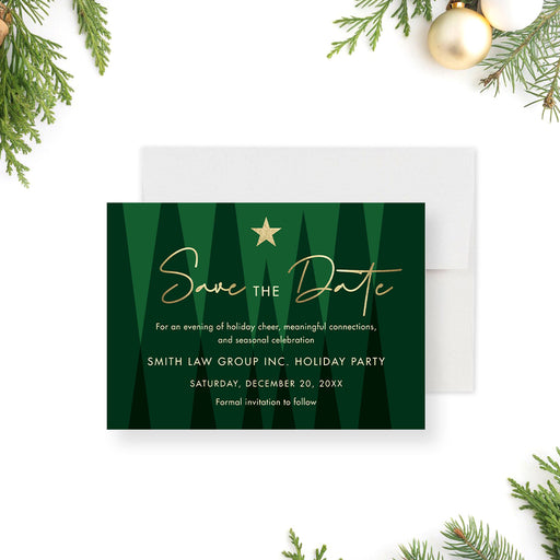corporate holiday party save the date card with modern green tree artwork, gold star, and custom event details-front