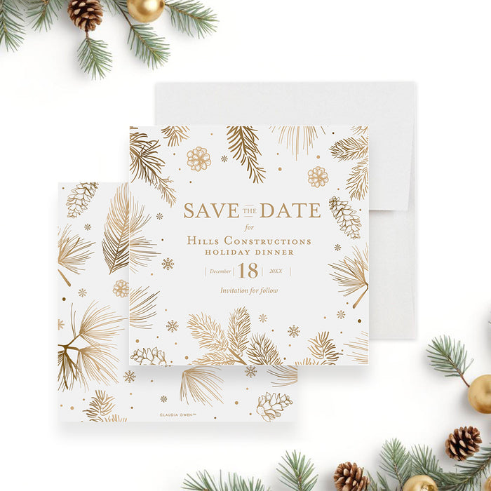 corporate holiday party save the date card with gold-toned pine branches, pinecones, snowflakes, and festive winter botanical artwork-front-back