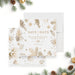 corporate holiday party save the date card with gold-toned pine branches, pinecones, snowflakes, and festive winter botanical artwork-front-back