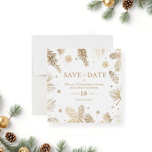 corporate holiday party save the date card with gold-toned pine branches, pinecones, snowflakes, and festive winter botanical artwork-front