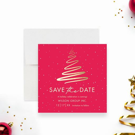 Corporate holiday save the date card with a red background, gold Christmas tree design, and festive business event details-front