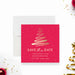Corporate holiday save the date card with a red background, gold Christmas tree design, and festive business event details-front