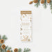 corporate holiday party ticket invitation with gold-toned pine branches, pinecones, snowflakes, and admit one ticket design