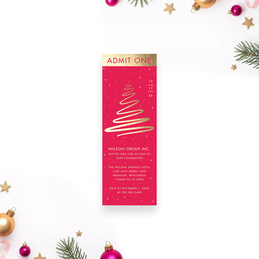 Personalized red holiday ticket invitation with a modern gold ribbon Christmas tree and customizable corporate Christmas party details.