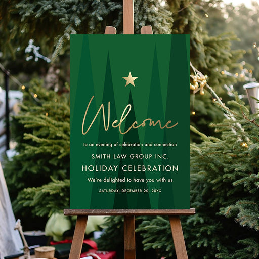 Personalized corporate holiday party welcome sign with dark green geometric trees, a gold star and custom company event details