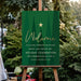 Personalized corporate holiday party welcome sign with dark green geometric trees, a gold star and custom company event details