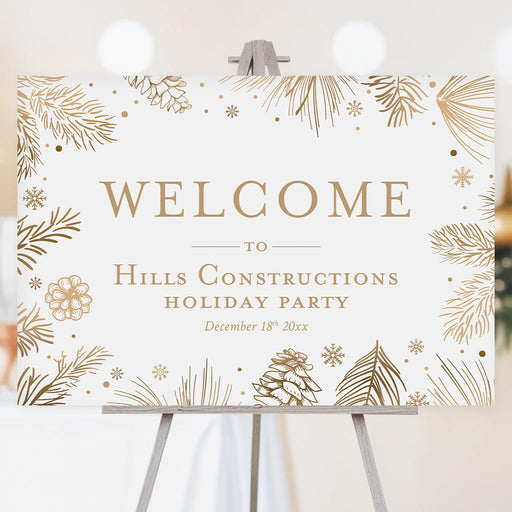 corporate holiday party welcome sign with gold-toned pine branches, pinecones, snowflakes, and elegant winter botanical border