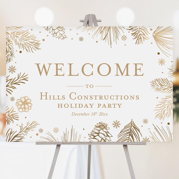 corporate holiday party welcome sign with gold-toned pine branches, pinecones, snowflakes, and elegant winter botanical border